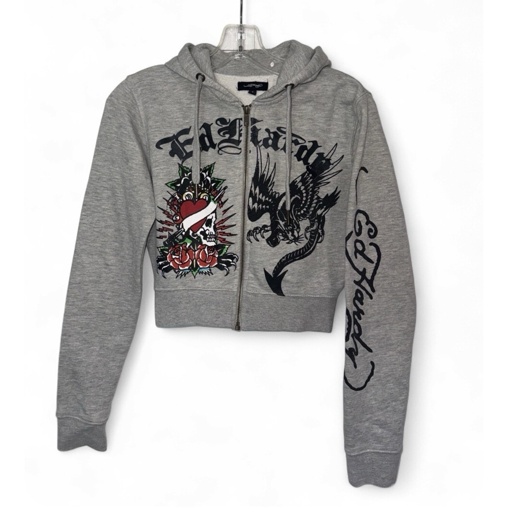 Ed Hardy Womens Small Gray Cropped Zip Hoodie Tattoo Eagle Heart Rose Y2K 2000s